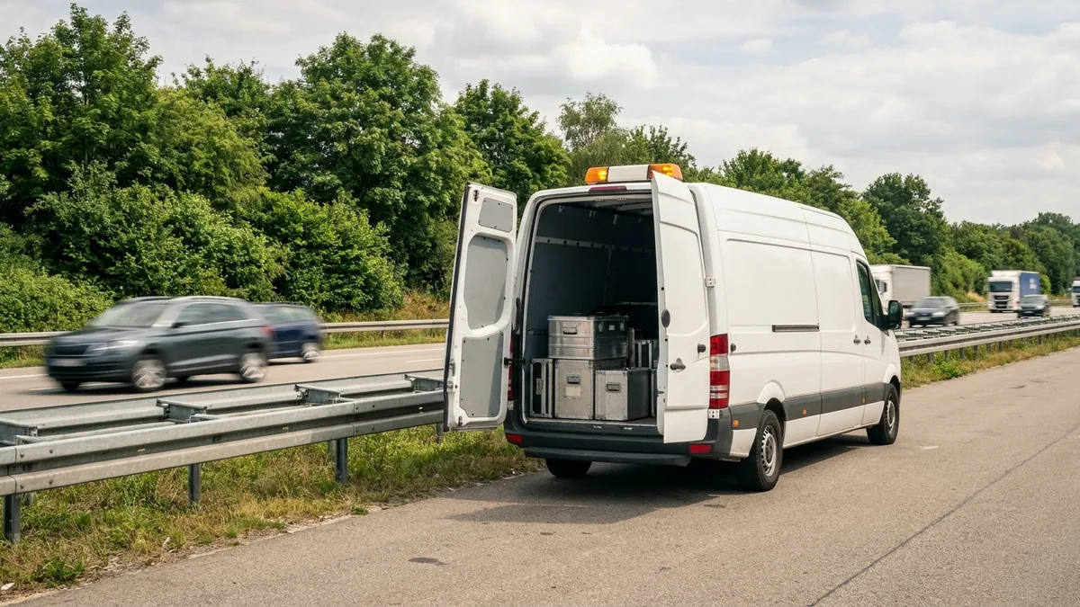 Weißer Transporter mit Warnleuchten und geöffneten Hecktüren auf dem Seitenstreifen, daneben fließt der Verkehr