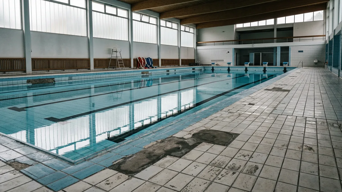 Leere Schwimmhalle mit gefliestem Beckenumgang und Tageslicht von oben