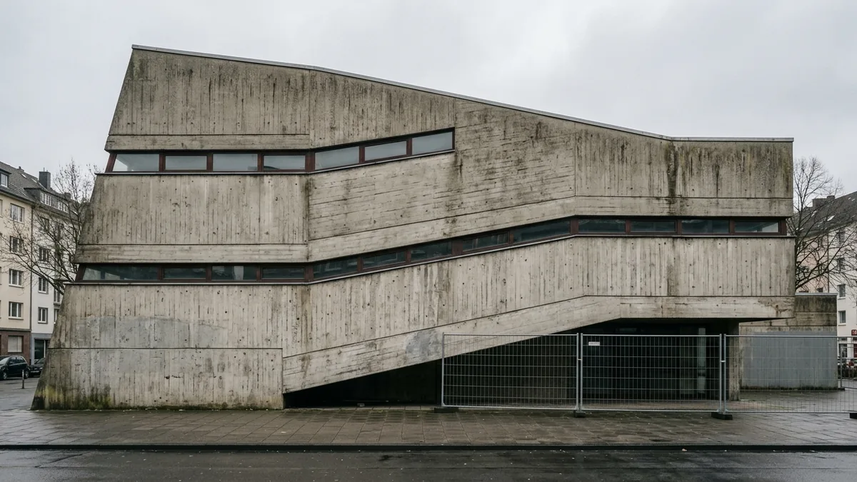 Schräge Betonfassade eines denkmalgeschützten Nachkriegsbaus in der Kölner Innenstadt