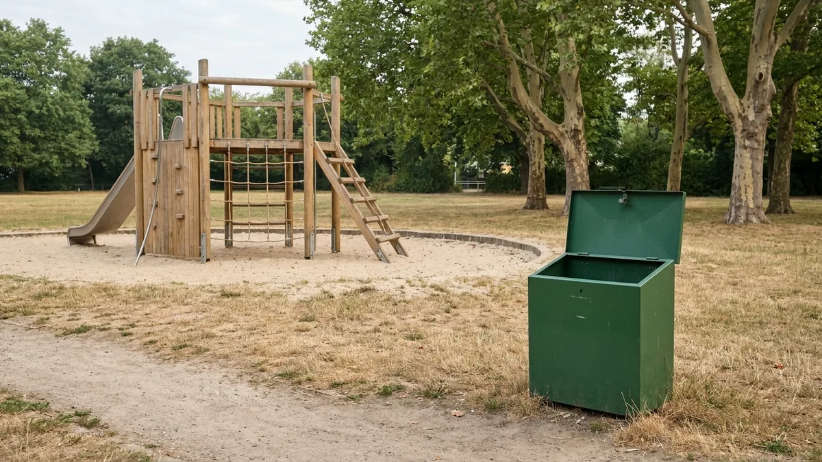 Spielplatz in einer Kölner Grünanlage am Morgen, überquellender Abfallbehälter am Rand