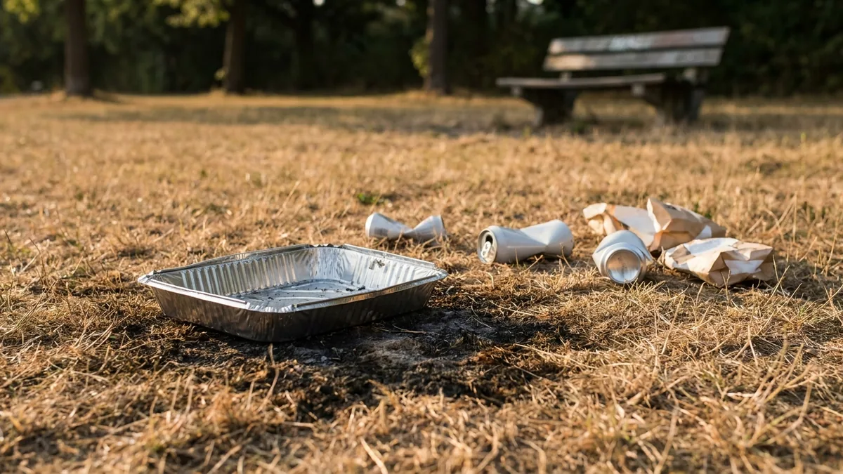 Einweggrill und Verpackungsreste auf einer ausgetrockneten Rasenfläche in einem Stadtpark