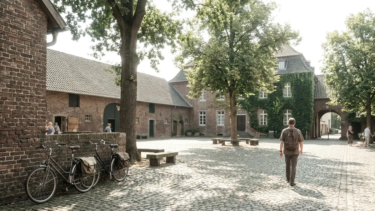 Innenhof eines restaurierten historischen Gutshofs mit Backsteingebäuden und schattenspendenden Bäumen