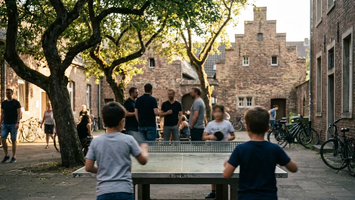 Sommerliche Hofszene mit spielenden Kindern und Erwachsenen im Schatten alter Bäume