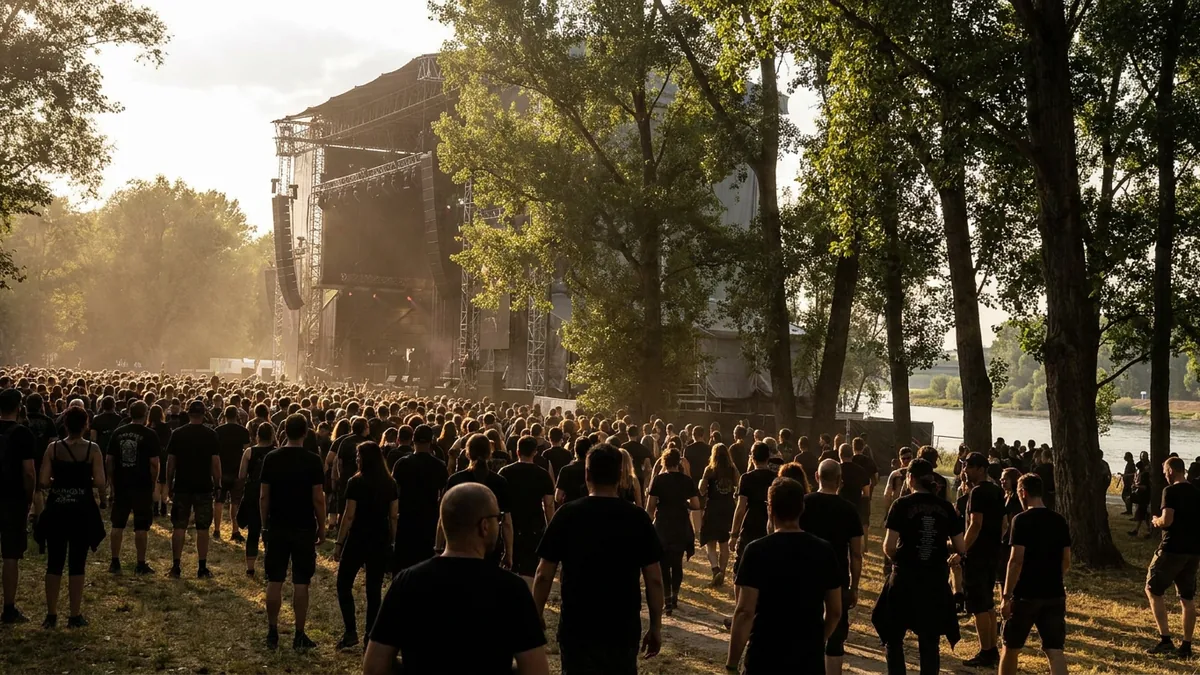 Schwarz gekleidetes Festivalpublikum von hinten vor einer Open-Air-Bühne, gesäumt von Bäumen, rechts ein Fluss