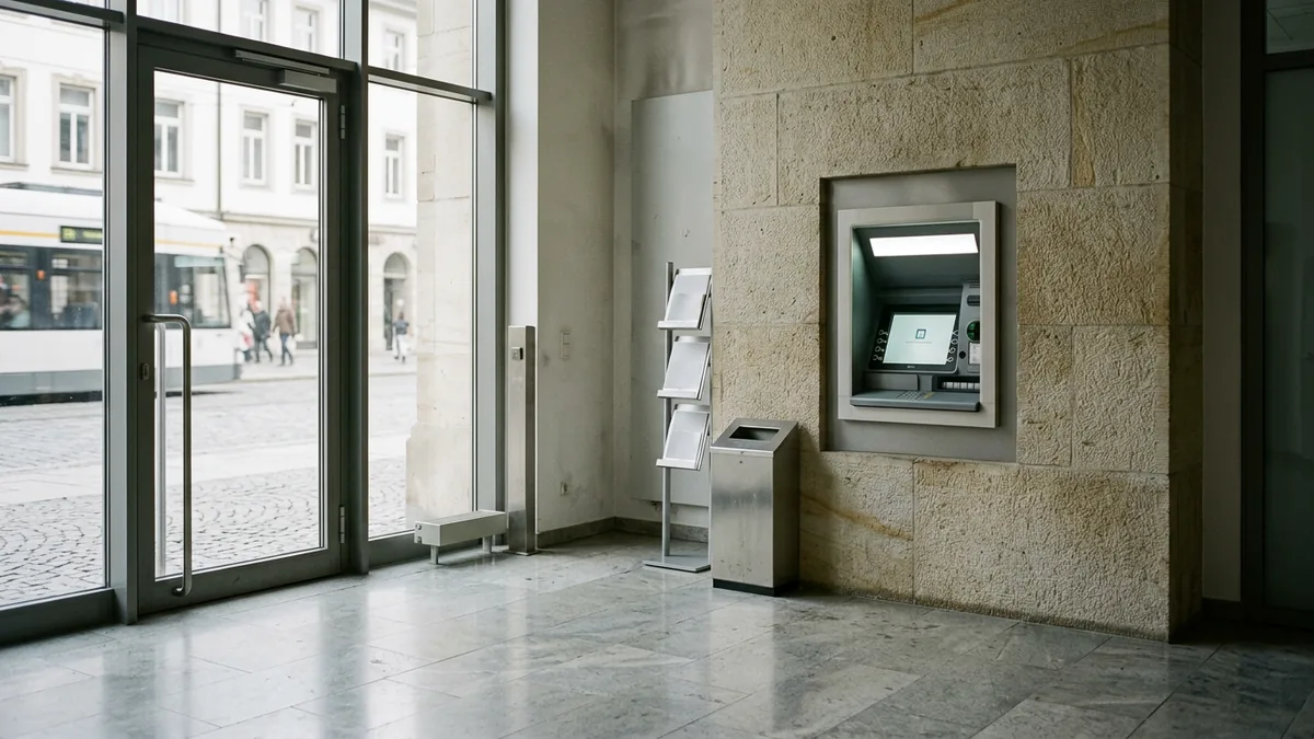 Geschlossener Geldautomat in einem leeren Bankfoyer bei Tageslicht