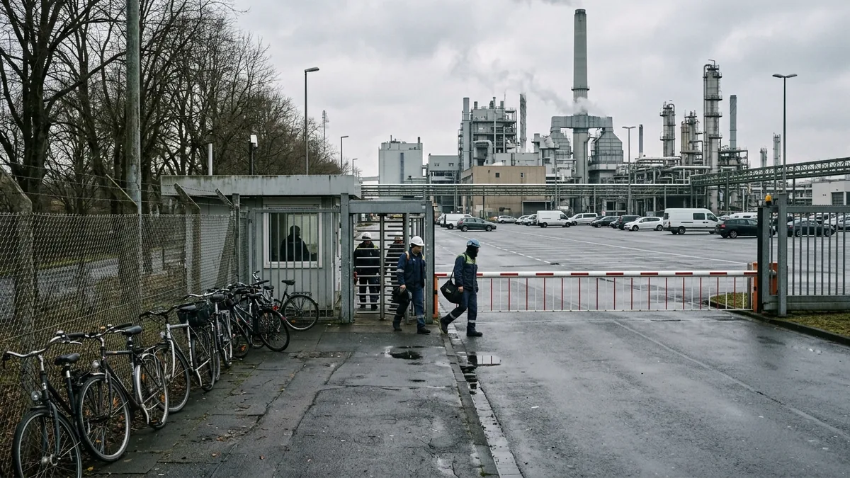 Werkstor eines Industriebetriebs im Kölner Norden am Morgen