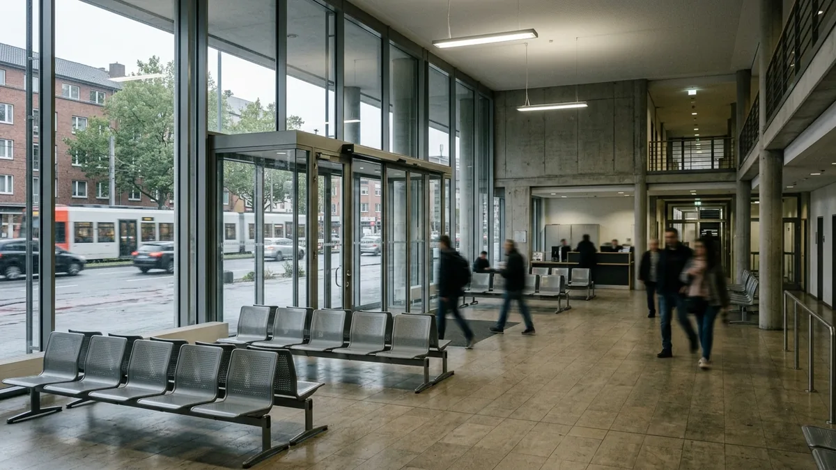 Wartebereich einer Behörde mit Glastüren und leeren Stuhlreihen