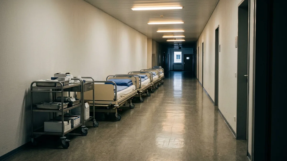 Klinikflur mit abgestellten Betten in der Fluchtlinie