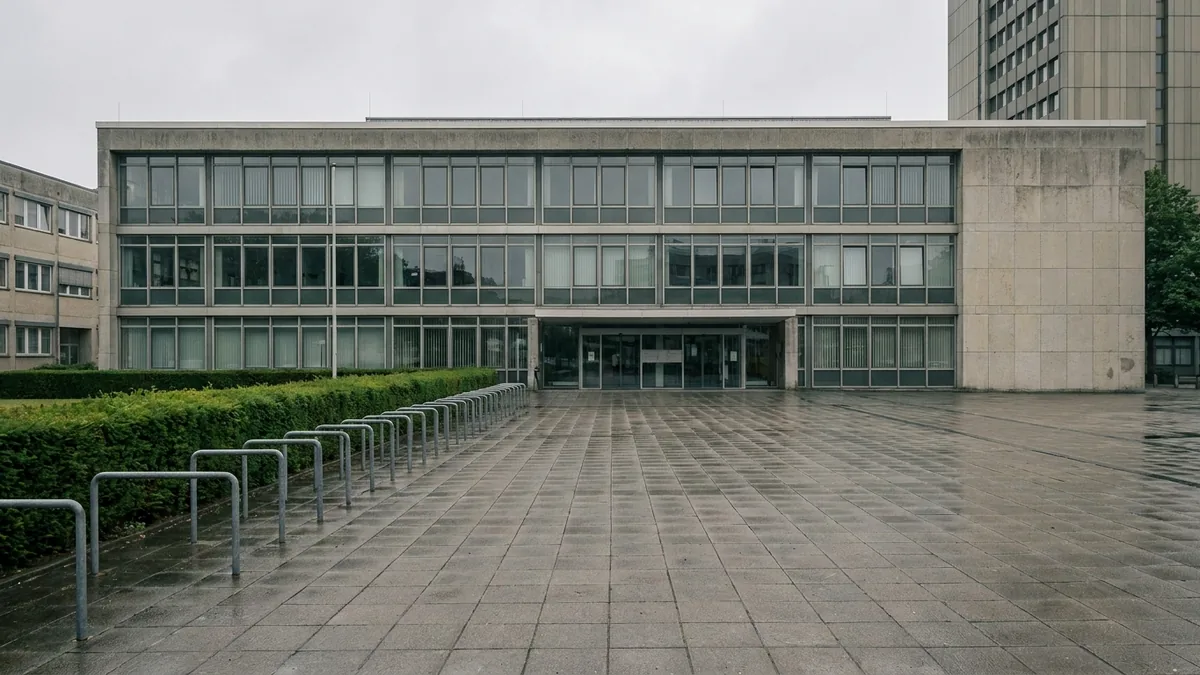 Verwaltungsgebäude aus Glas und Beton an einem bedeckten Sommermorgen