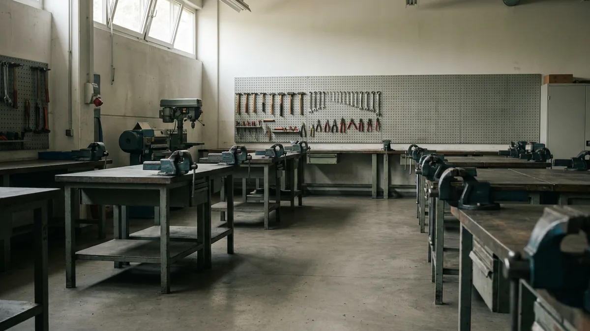 Leere Lehrwerkstatt mit Werkbänken und Schraubstöcken bei Tageslicht