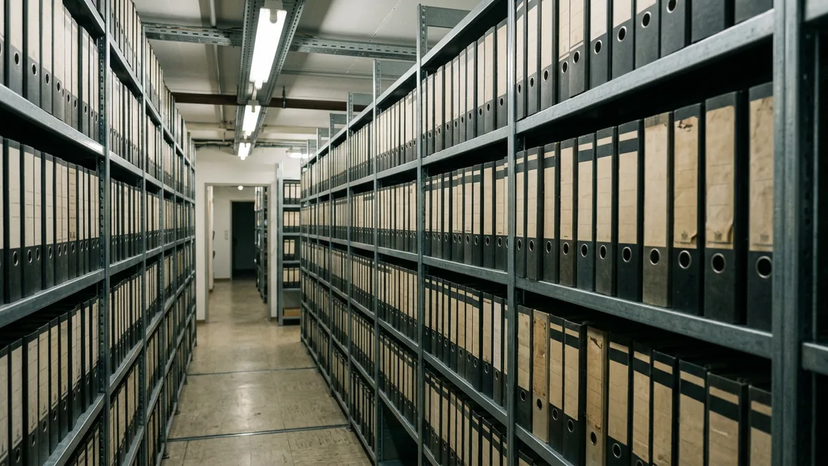 Regalreihe mit hunderten gleichförmigen Aktenordnern in einem Archiv
