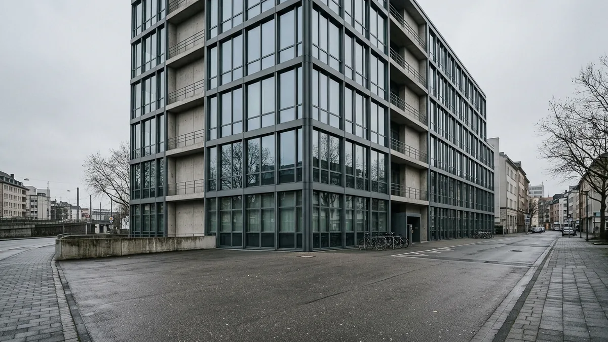 Bürogebäude aus Glas und Beton in Köln bei bedecktem Himmel