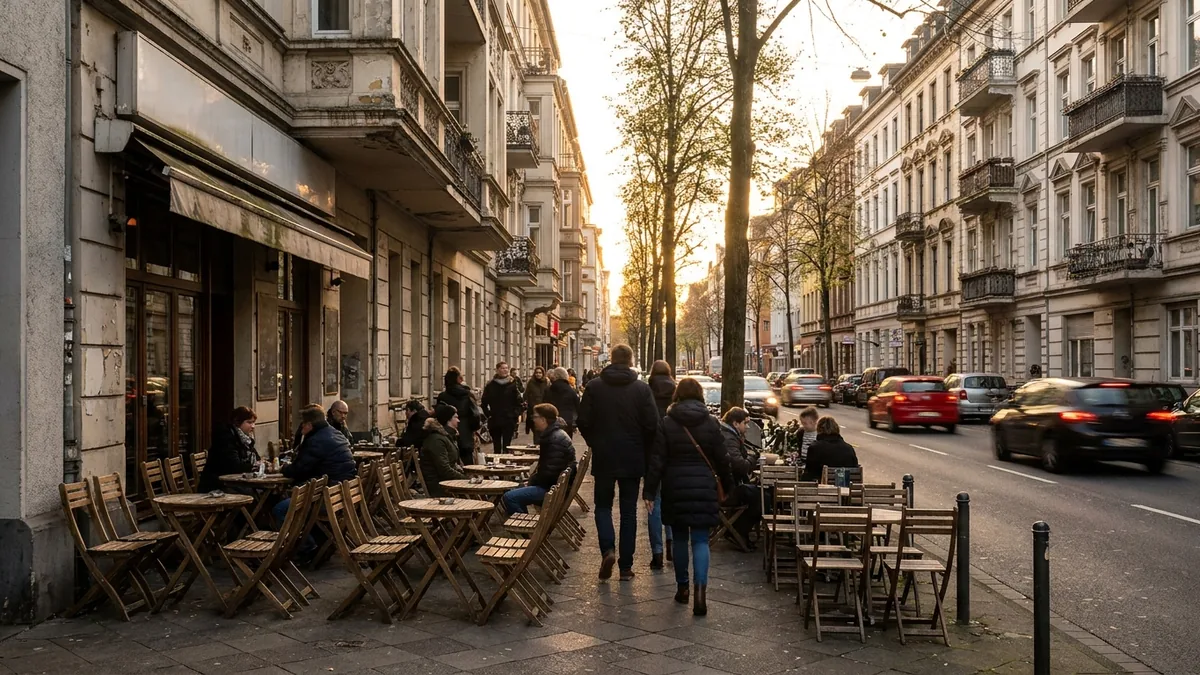 Gehweg mit besetzten Cafétischen an einer Gründerzeitstraße, Passanten zwischen den Stuhlreihen, daneben Autoverkehr
