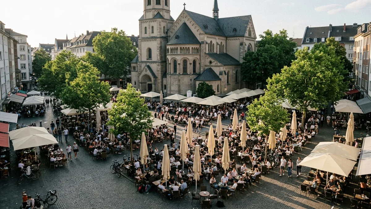 Blick von oben auf einen Platz mit dicht besetzten Außenflächen, Sonnenschirmen und Baumkronen