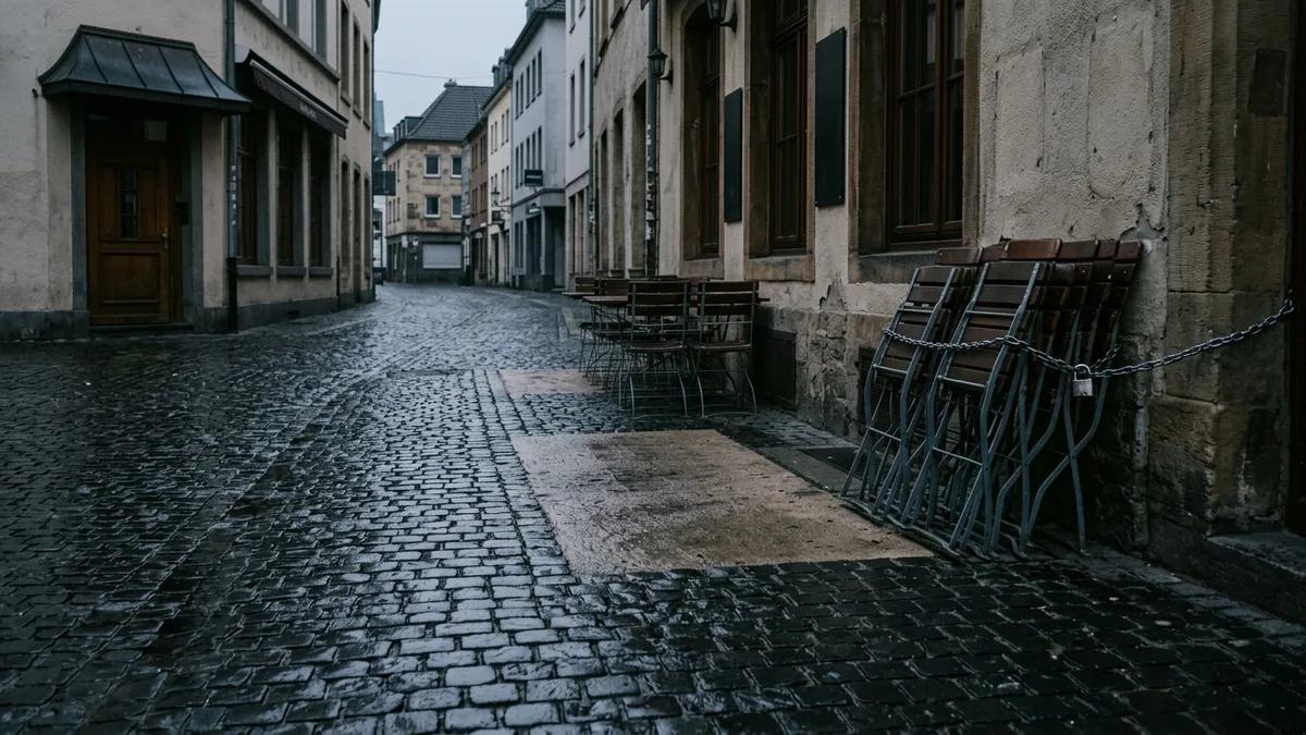 Leere Terrassenfläche vor einer Kneipe am Morgen, gestapelte Stühle an der Hauswand, Absperrkette