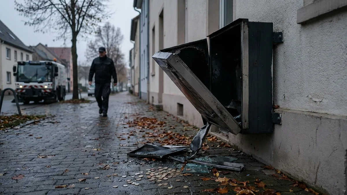 Zerstörter Automat an einer Hauswand, die aufgerissene Front hängt herab, auf dem Gehweg liegen Trümmer und Münzen