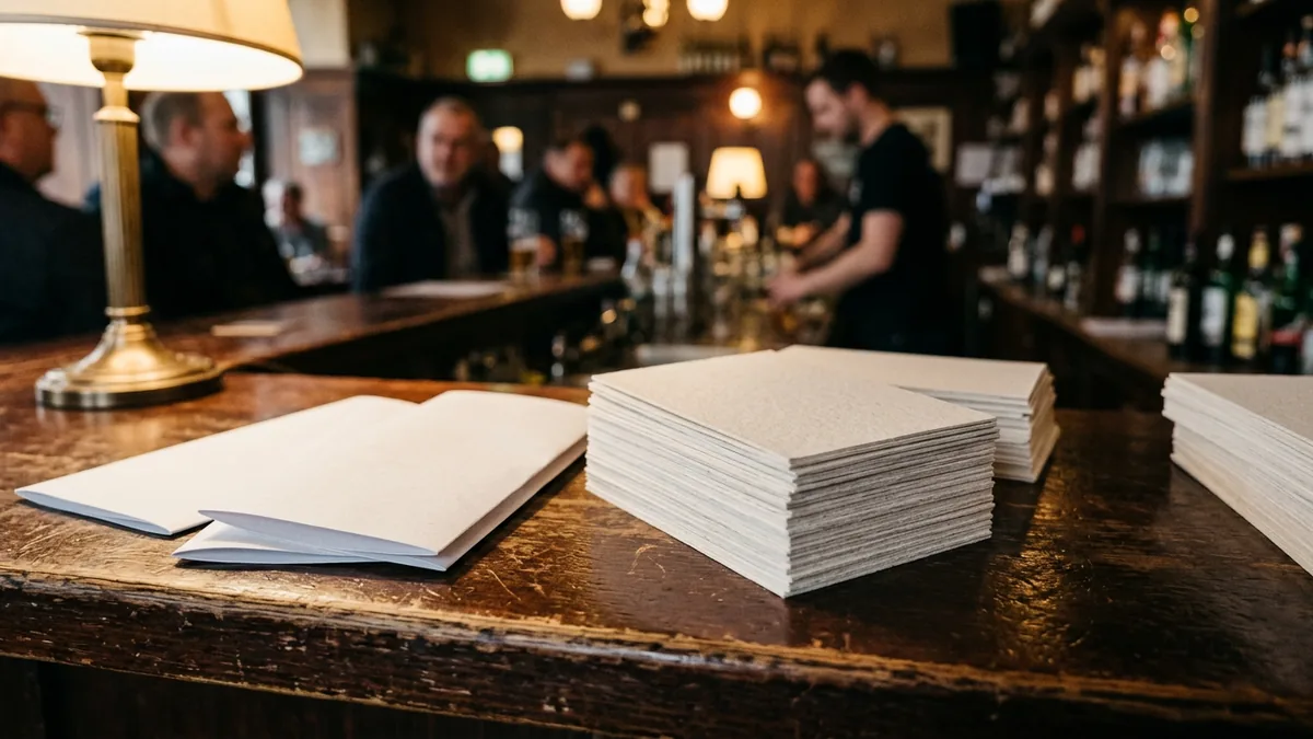 Stapel unbedruckter Postkarten und Flyer auf einer dunklen Theke