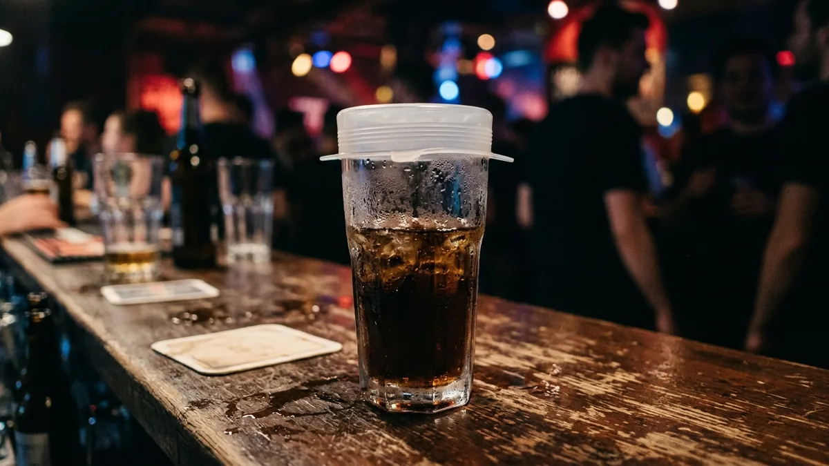 Silikonabdeckung auf einem Longdrinkglas an einem Clubtresen, Nahaufnahme