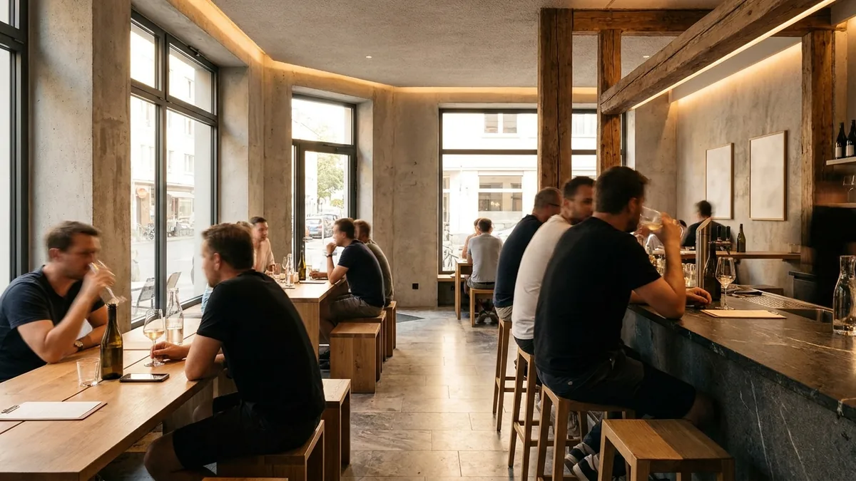 Minimalistisch gestalteter Gastraum einer Bar mit Tresen im warmen Abendlicht