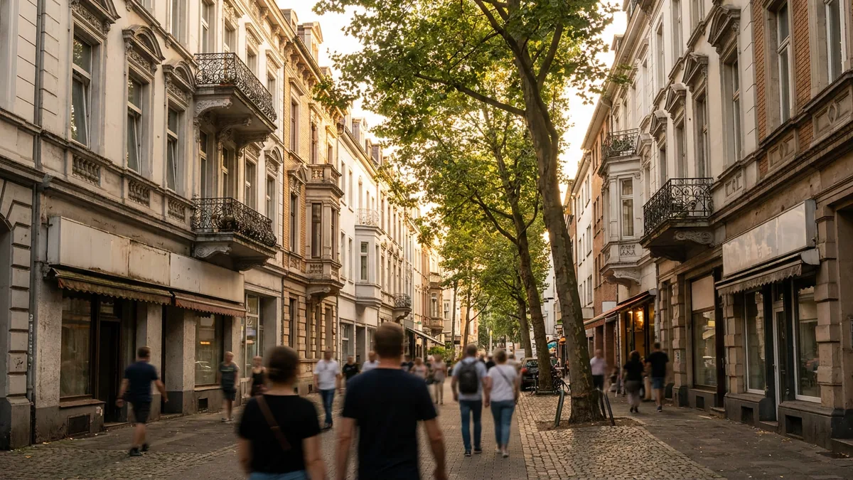 Gründerzeitfassaden und Straßenbäume in einer Straße des Belgischen Viertels in Köln