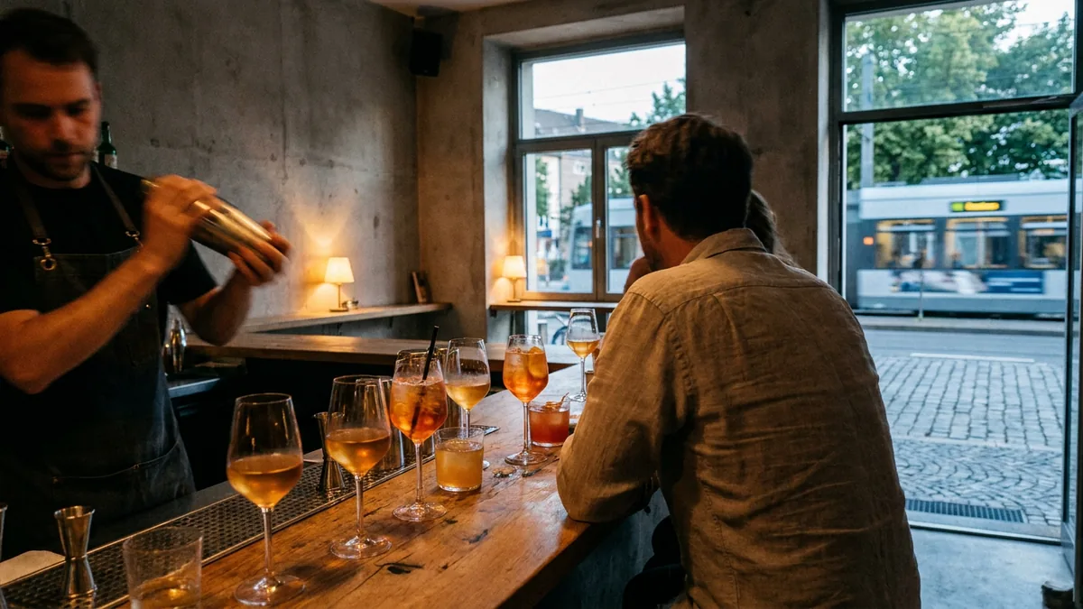 Bartresen mit Weingläsern und Cocktails im warmen Abendlicht