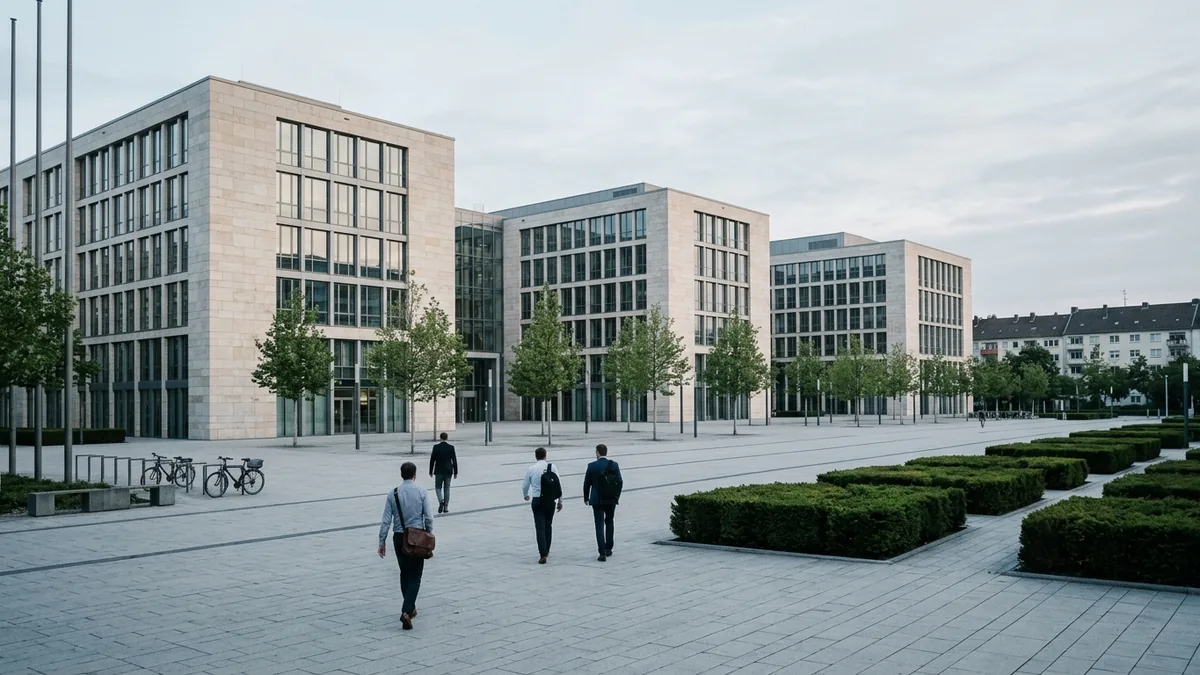 Großer moderner Bürokomplex mit gepflastertem Vorplatz im Morgenlicht