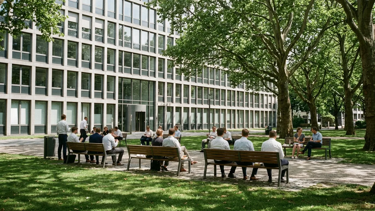 Bänke und Rasenfläche vor einem Bürogebäude in der Mittagspause, Personen von hinten