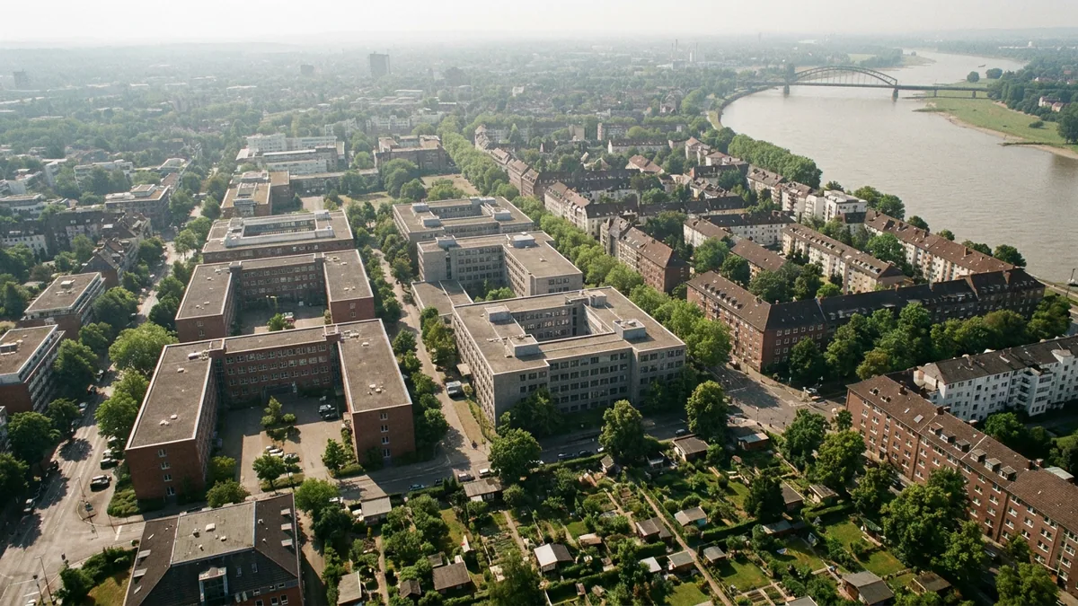 Luftaufnahme eines Stadtviertels mit Büroblocks und Wohnhäusern, vorn Kleingärten, rechts ein Fluss mit Brücke