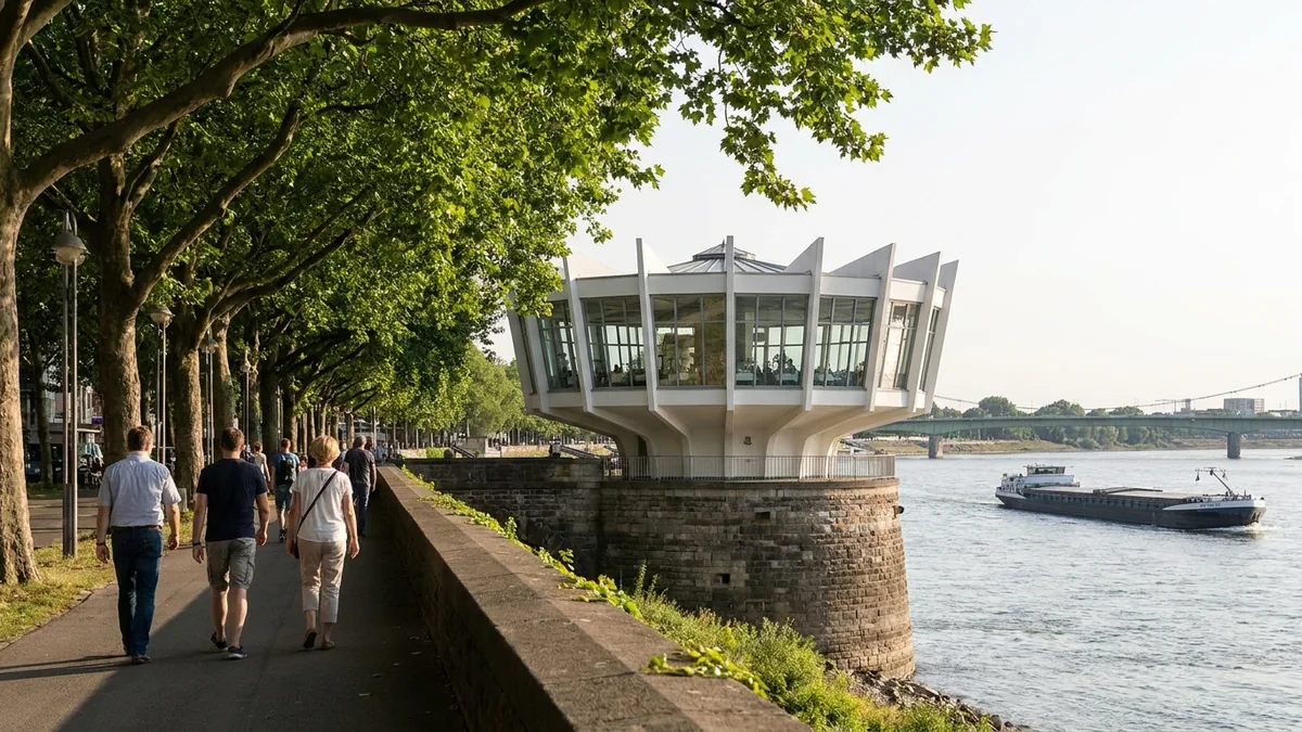Verglaster Rundbau mit gefaltetem weißem Dach auf einem Steinsockel im Fluss, davor Promenade mit Spaziergängern