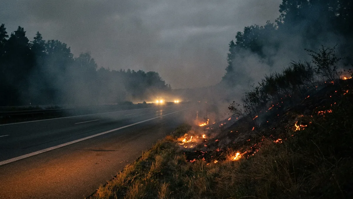 Brennende Böschung neben einer Autobahn bei Nacht mit dichtem Rauch