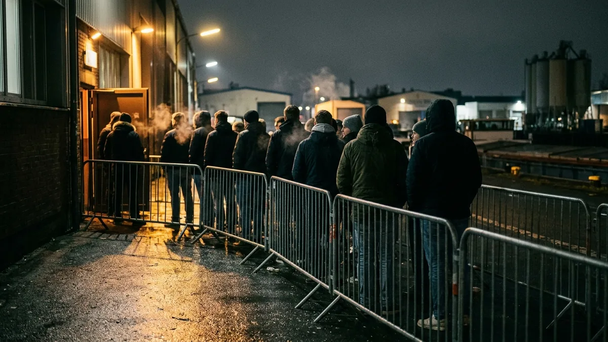 Wartende Menschen von hinten vor Absperrgittern am Clubeingang bei Nacht