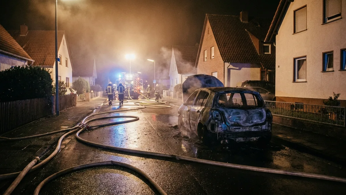Ausgebranntes Auto auf nasser Straße bei Nacht, im Hintergrund Einsatzkräfte als Silhouetten