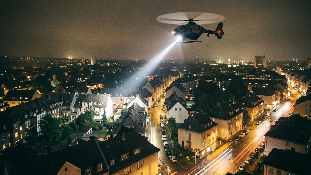 Polizeihubschrauber mit Suchscheinwerfer über einem Stadtteil bei Nacht