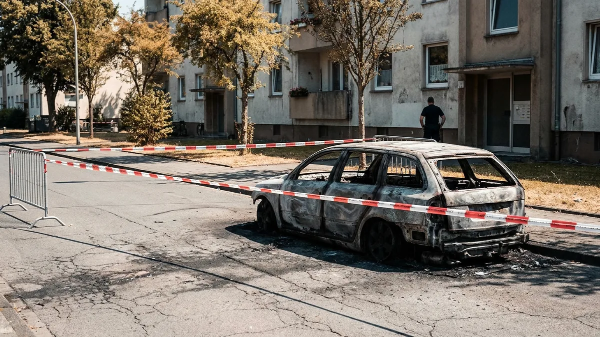 Ausgebranntes Auto hinter Absperrband an einer Wohnstraße bei Tageslicht