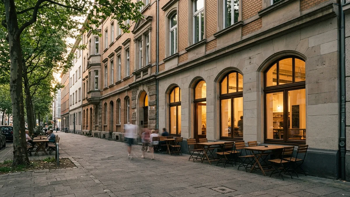 Fassade eines Brauhauses mit Außenbestuhlung an einer Gründerzeitstraße in Köln am frühen Abend