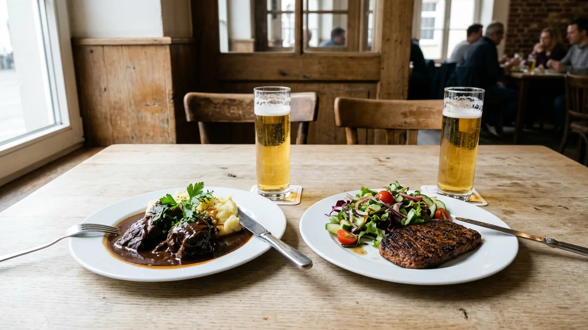 Zwei Teller mit Schmorfleisch und pflanzlichem Bratling auf einem Holztisch, dazu zwei Gläser helles Bier
