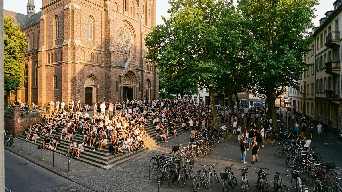 Viele Menschen sitzen abends auf den Stufen einer Backsteinkirche an einem Platz, davor zahlreiche Fahrräder