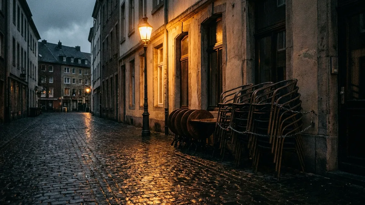 Zusammengekettete Stapelstühle und Tische vor einer Hausfassade an einer nassen Kopfsteinpflastergasse in der Dämmerung