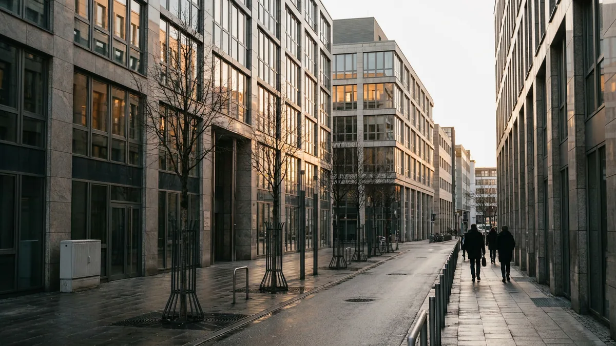 Straße zwischen modernen Bürogebäuden mit Glasfassaden, wenige Passanten im Gegenlicht auf dem Gehweg