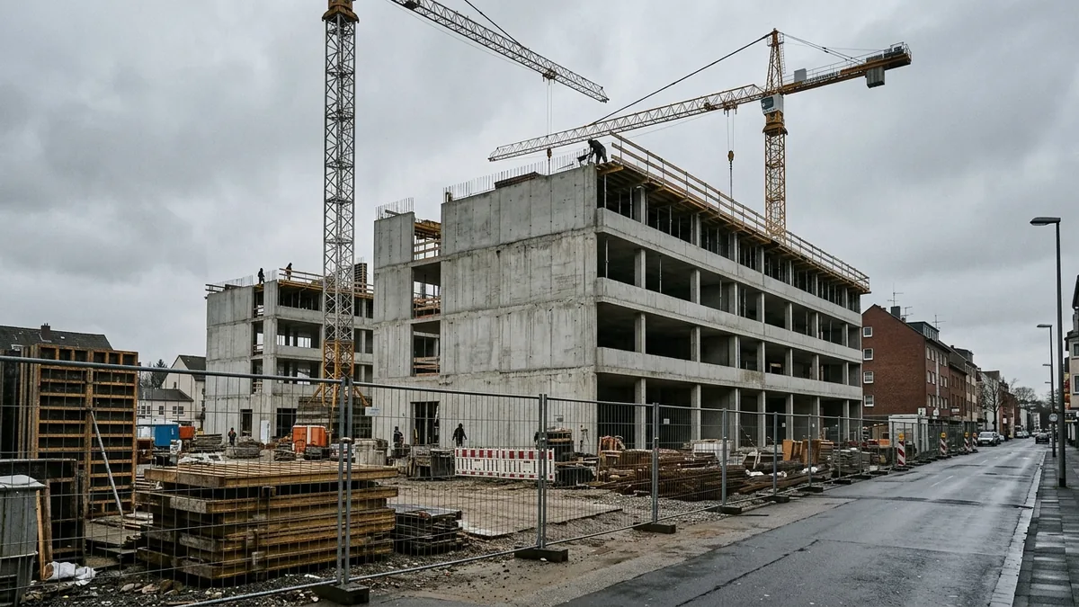 Rohbau eines Bürogebäudes mit zwei Kränen an einer Straße in Köln-Mülheim.