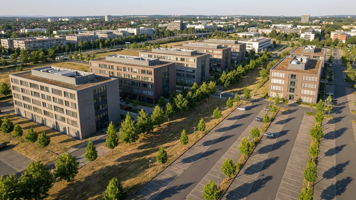 Luftaufnahme mehrerer Bürogebäude mit begrünten Dächern, Parkplätzen und Baumreihen am Stadtrand