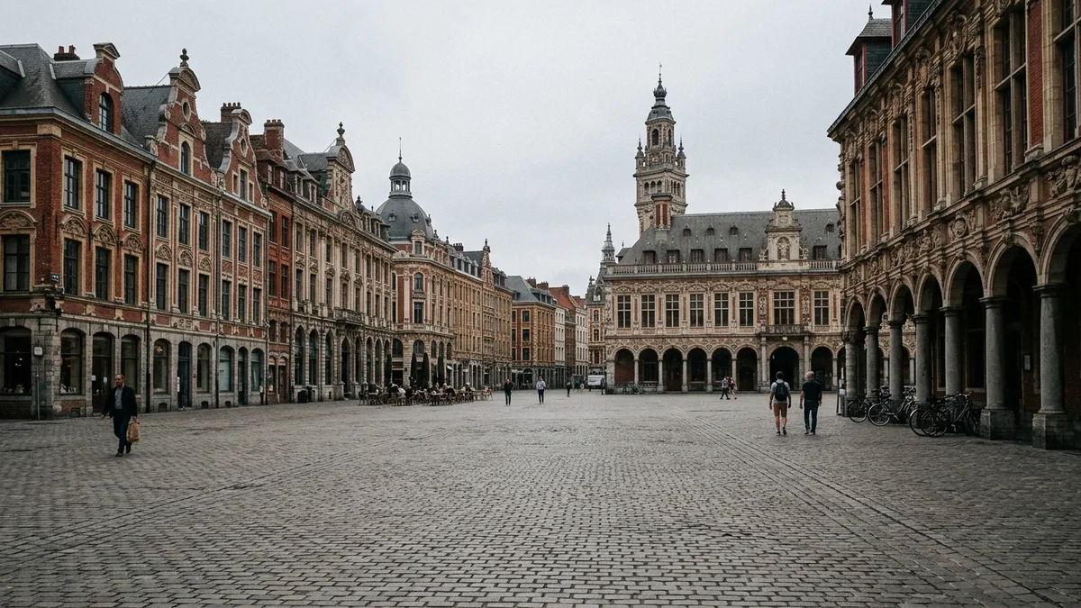 Historische Backsteinfassaden an einem großen Platz in Nordfrankreich