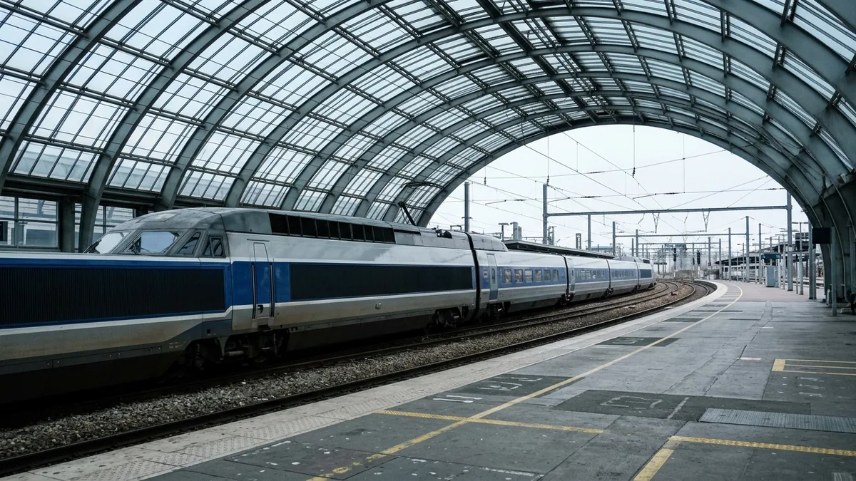 Bahnsteig eines Hochgeschwindigkeitsbahnhofs mit wartendem Zug