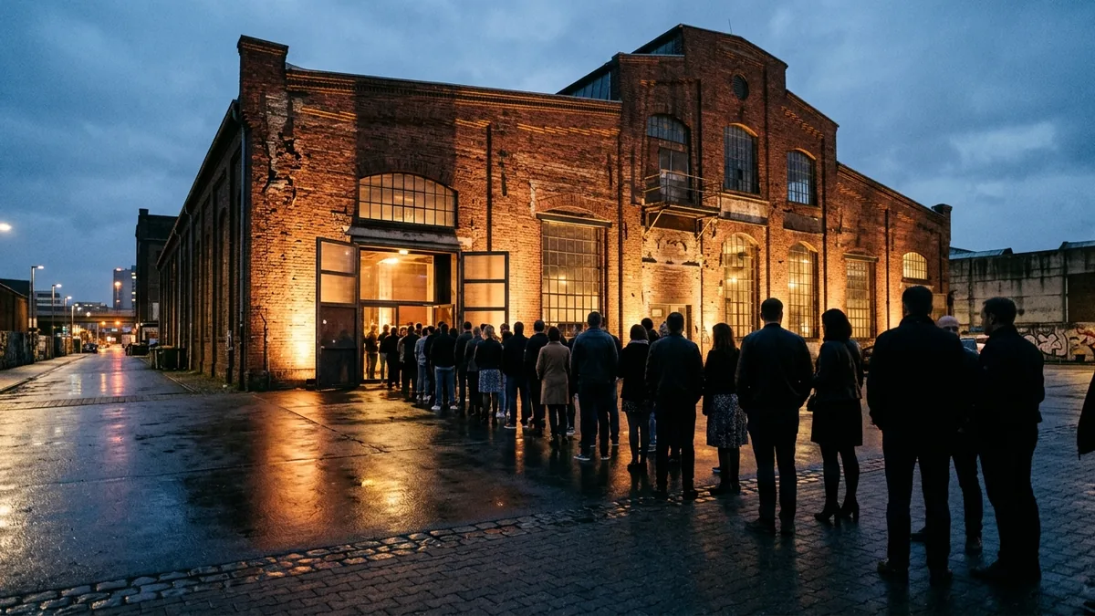 Menschen stehen abends in einer Schlange vor dem beleuchteten Eingang einer alten Backsteinhalle