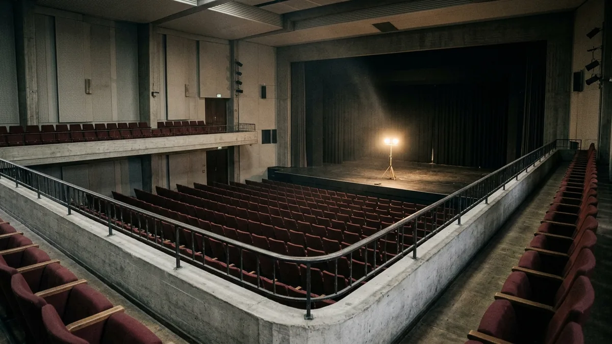 Blick vom leeren Rang einer Kölner Konzerthalle auf den dunklen Saal und die leere Bühne