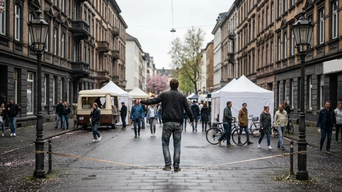 Ein Mann balanciert auf einer Slackline zwischen zwei Laternen über einer Straße mit weißen Pavillons und Passanten