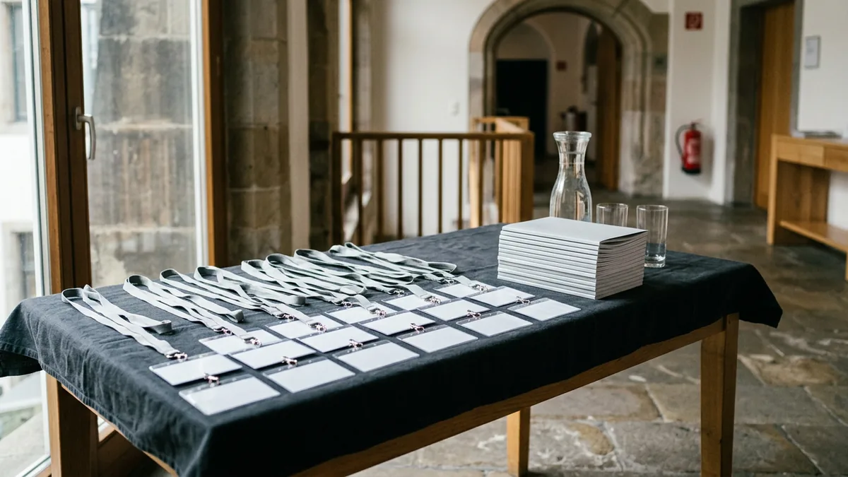 Anmeldetisch im Foyer mit aufgereihten Lanyards und gestapelten Programmheften