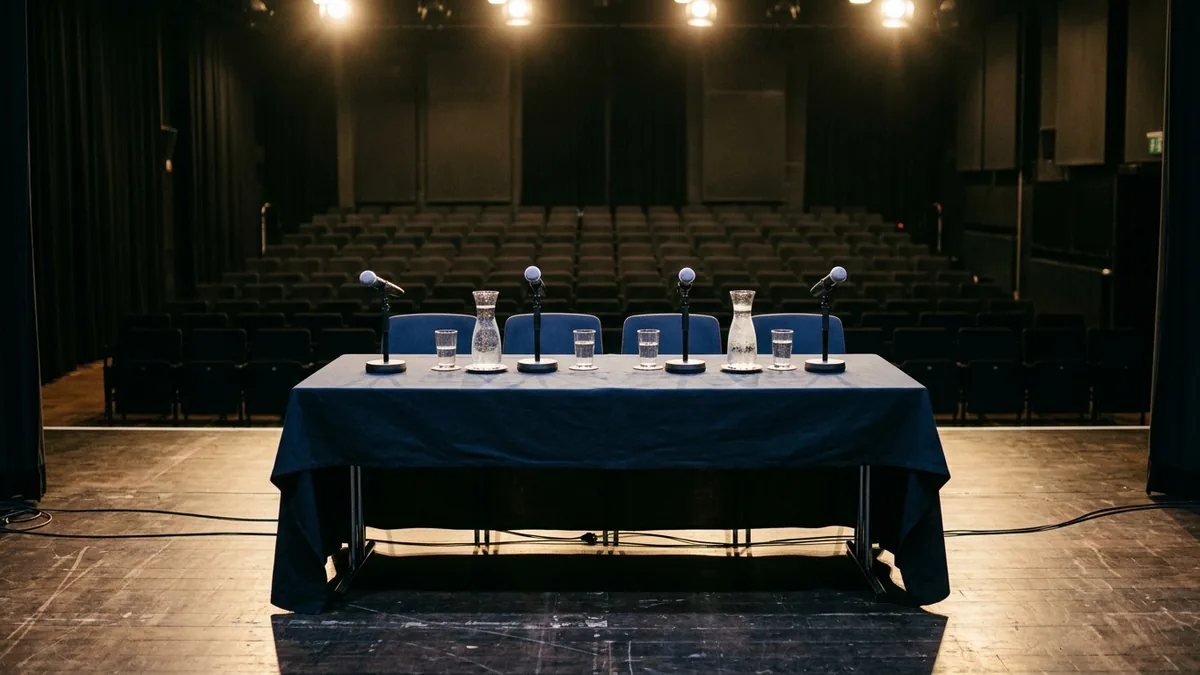 Mikrofone und Wassergläser auf einem leeren Podiumstisch vor der Diskussion