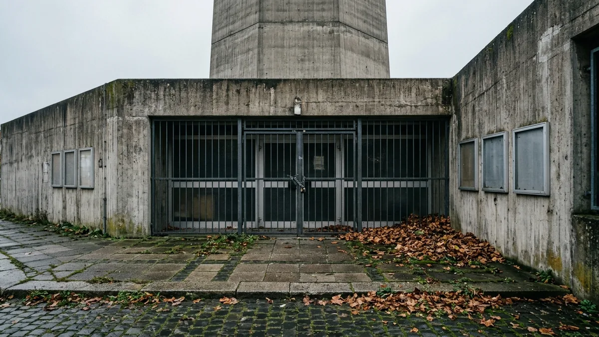 Vergitterter Eingangsbereich am Fuß eines Fernsehturms, verwitterter Beton, leere Schildrahmen