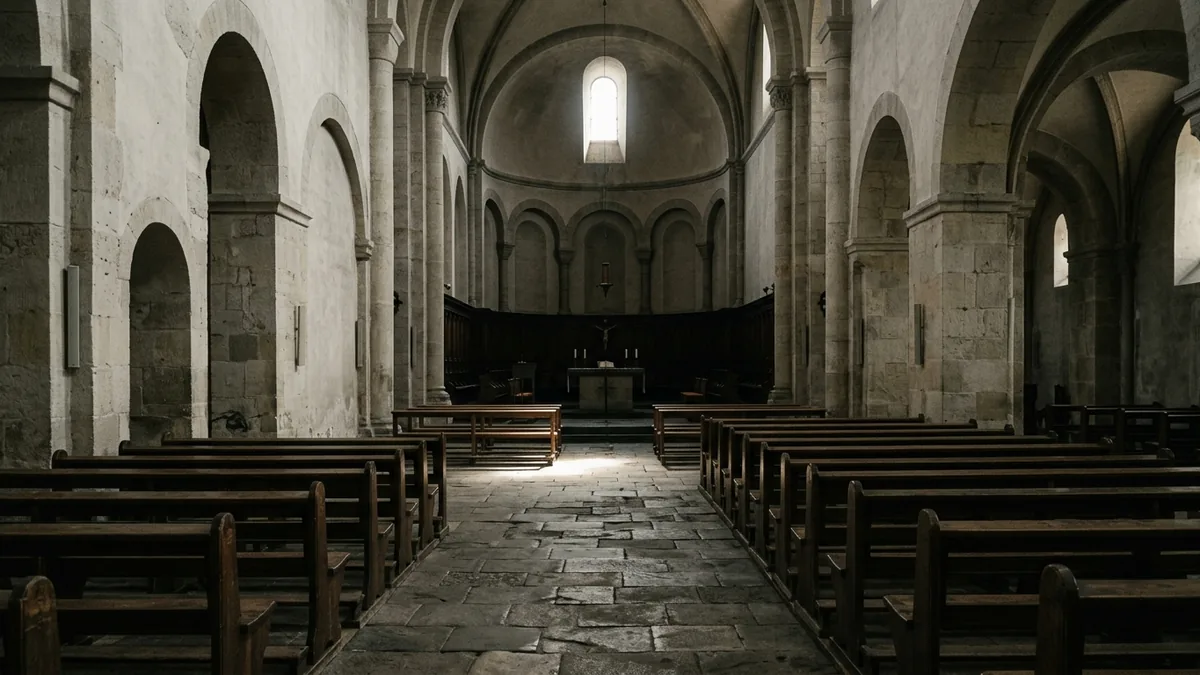 Halbdunkles Kircheninneres mit dicken Steinmauern, ein Lichtstrahl fällt auf abgetretene Bodenplatten